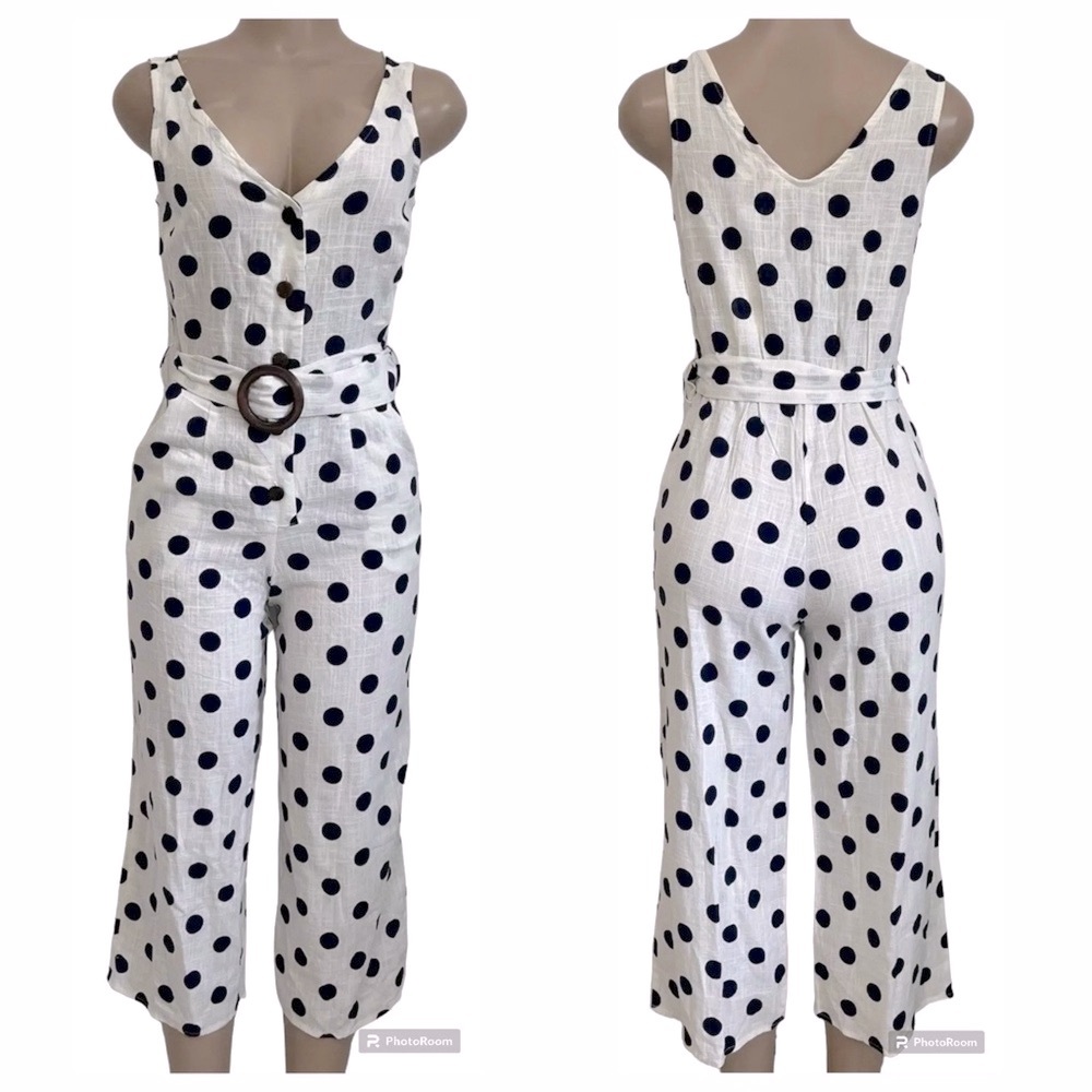 Linen blend wide leg cropped belted jumpsuit polka dot vintage retro 1950’s